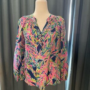Lily Pulitzer Elsa Vibrant Multi-Color Printed V-Neck Blouse